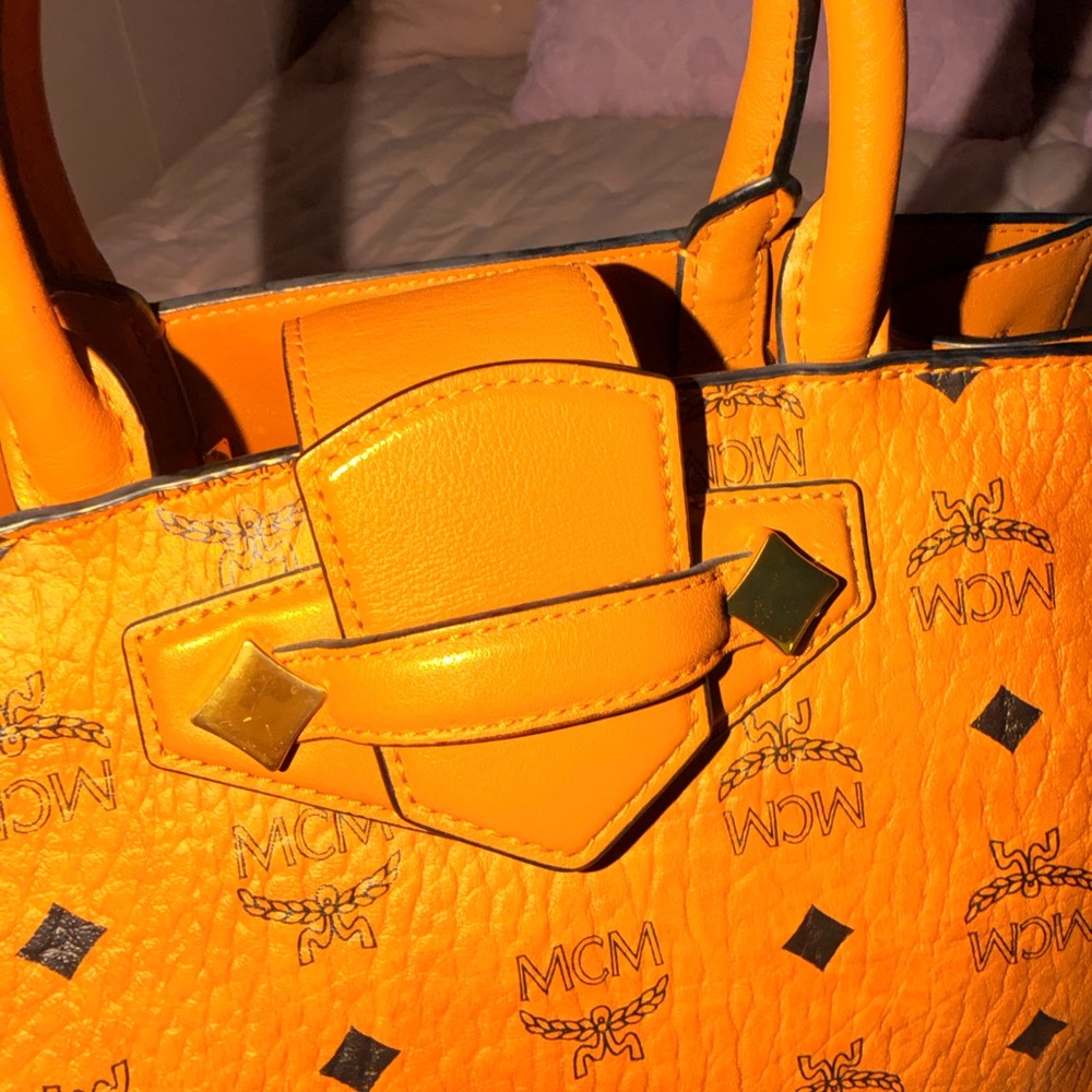 MCM Cognac/Gold Visetos Logo Satchel with Detachable Strap - Picture 5 of 6